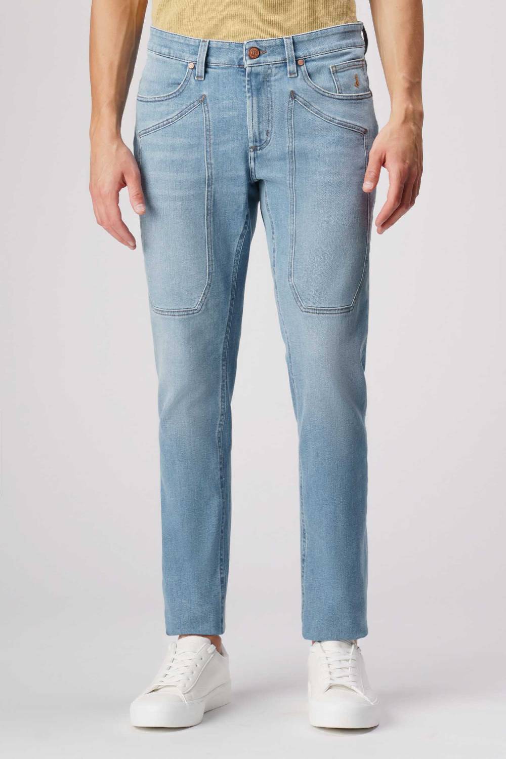 Jeckerson John - Pantalone con toppa in denim tri-blend blu medio chiaro no rotture Fino Al -60%