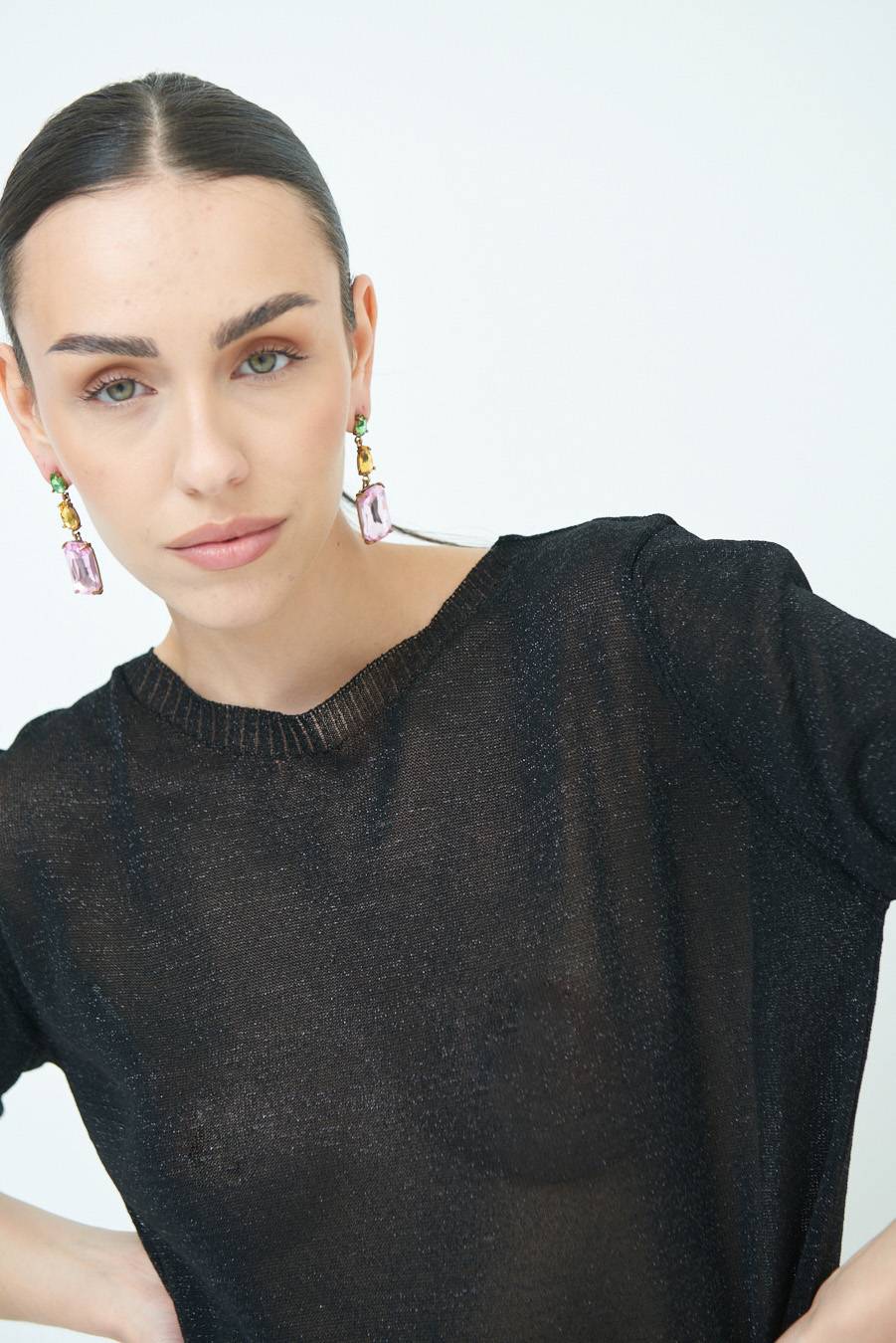 Kikisix MAGLIA LUREX PARICOLLO NERO Nuovo