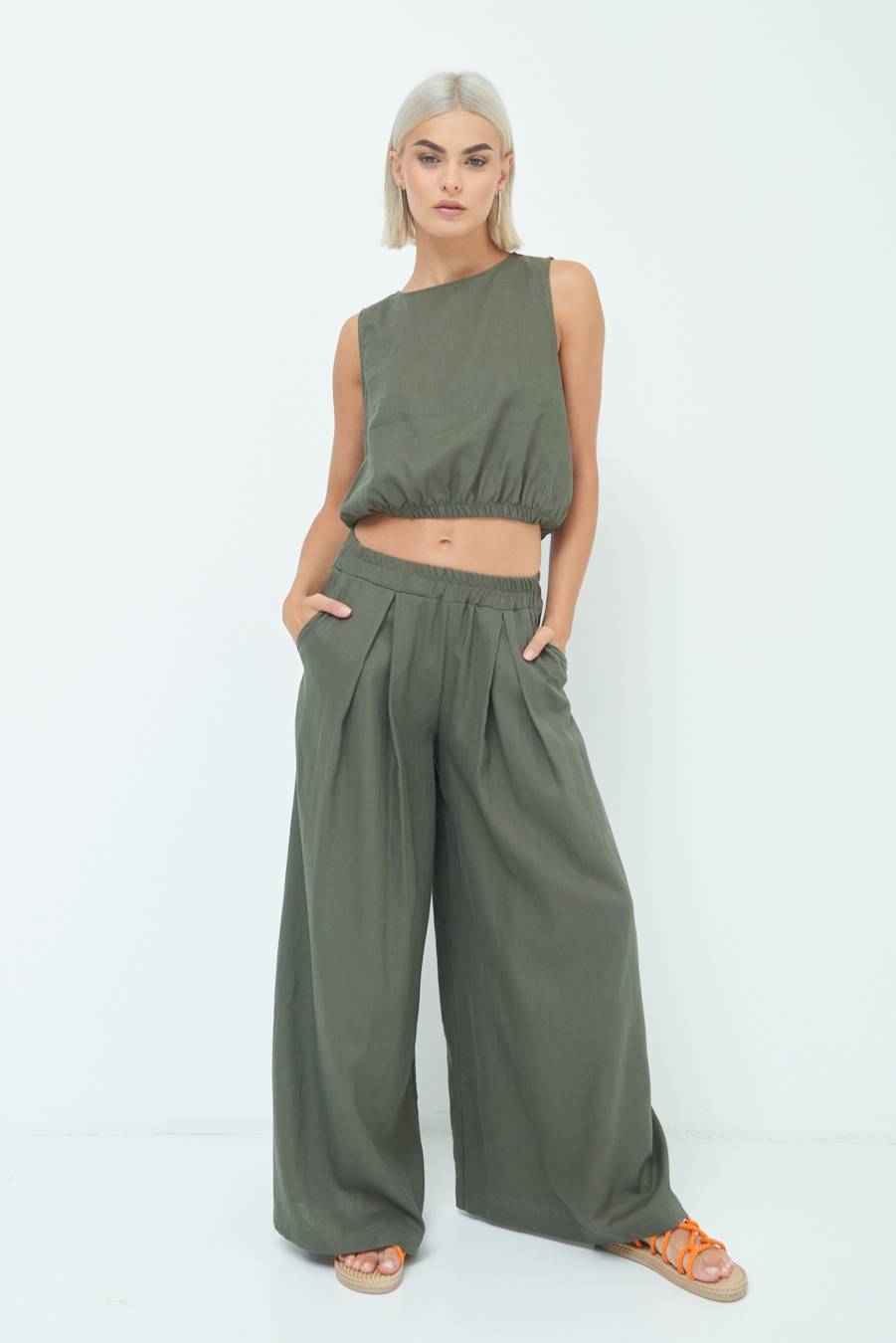 Kikisix PANTA PALAZZO CON PINCE VERDE MILITARE Fino Al -60%