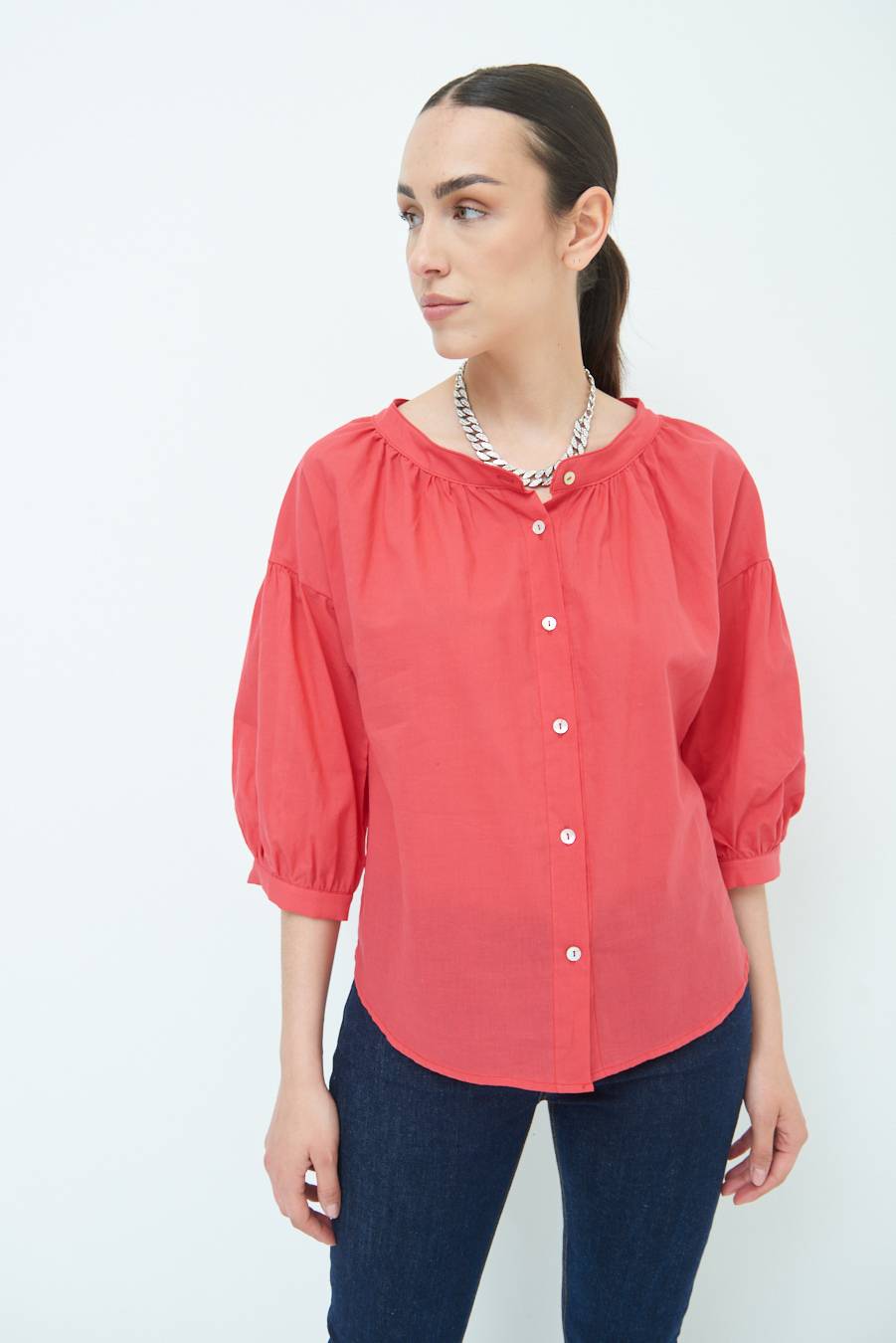Kikisix CAMICIA SCOLLO INCRESPATO COTONE ROSSO Online