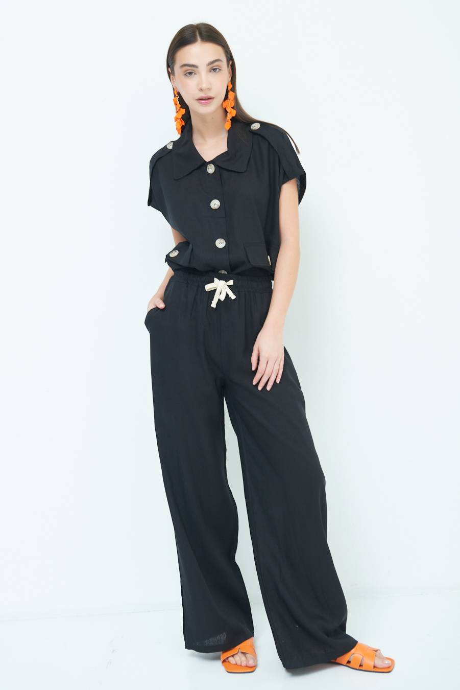 Kikisix PANTA PALAZZO CON ELASTICO VISCOSA LINO NERO I Più Venduti