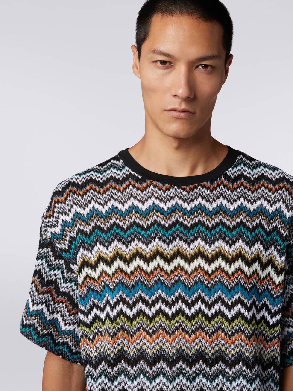 M Missoni T-shirt girocollo in maglia di cotone zig zag Nuovo
