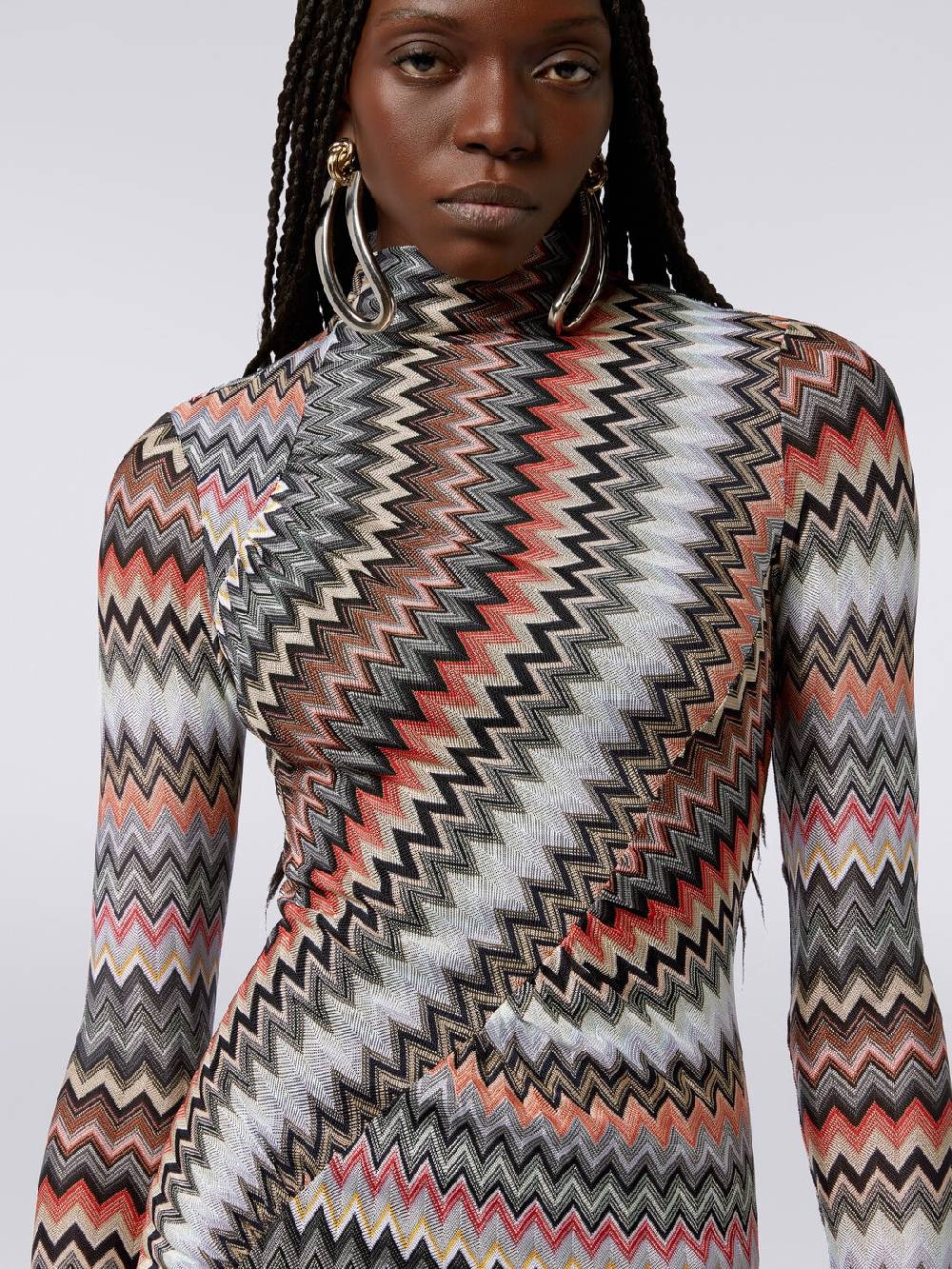 M Missoni Abito lungo con collo alto in cotone e viscosa zig zag con arricciature In Saldo
