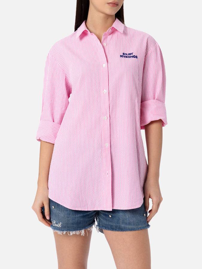 Mc2 Saint Barth Woman striped seeruscker cotton over shirt Brigitte with front and back Mykonos embroidery Vendita
