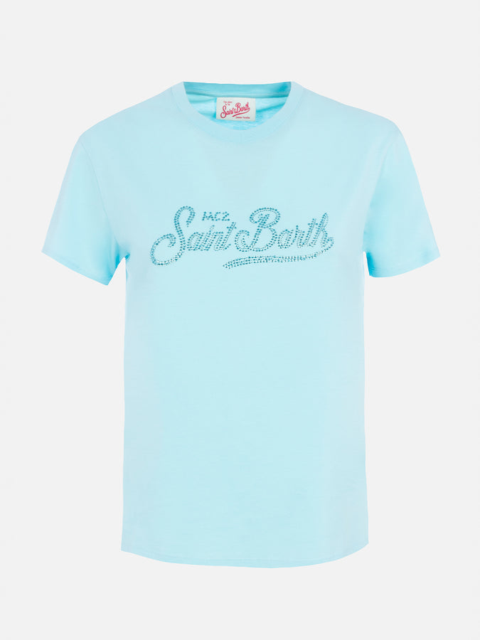 Mc2 Saint Barth Woman water green cotton jersey crewneck t-shirt Emilie with rhinestones Economico
