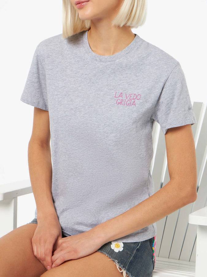 Mc2 Saint Barth T-shirt da donna girocollo Emilie in jersey di cotone con ricamo La Vedo Grigia Nuova