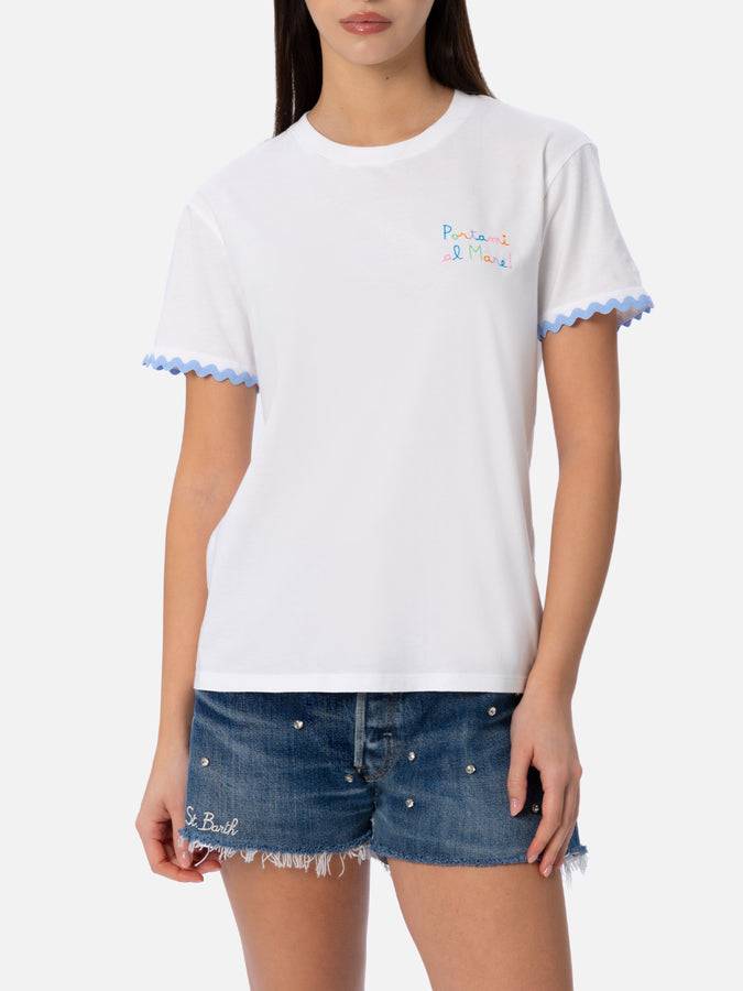 Mc2 Saint Barth T-shirt da donna girocollo Emilie in jersey di cotone con ricamo Portami al Mare 2025