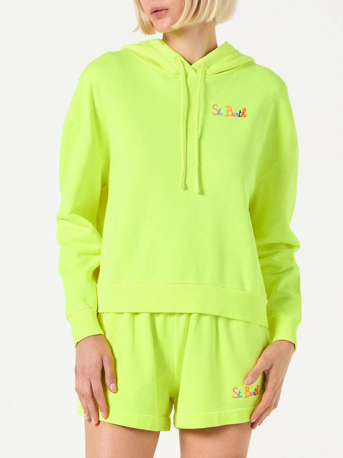 Mc2 Saint Barth Felpa giallo fluo con cappuccio con ricamo St. Barth