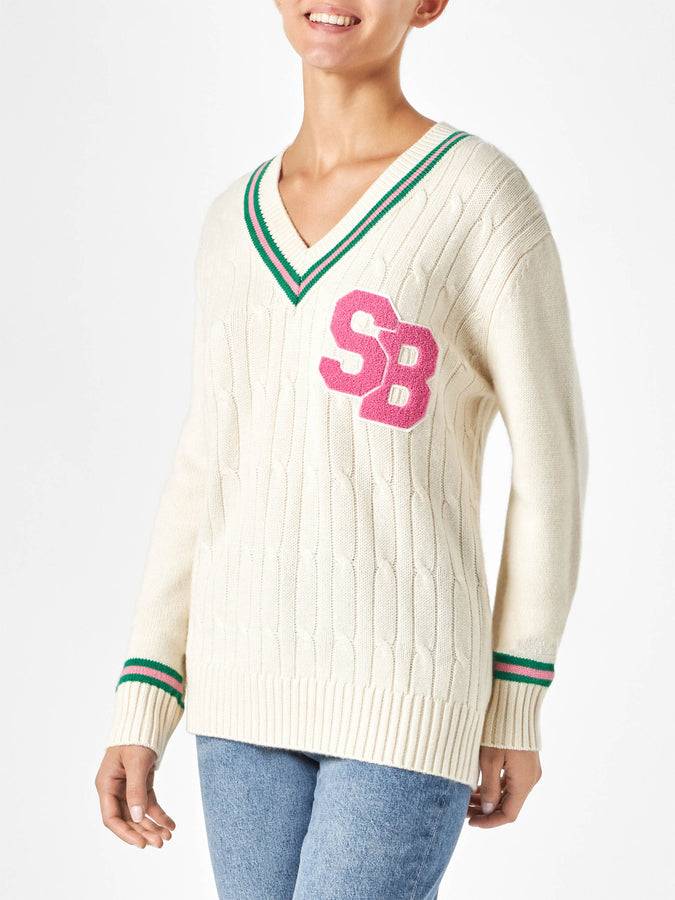 Mc2 Saint Barth Maglia da donna scollo a v intrecciata con patch Italy