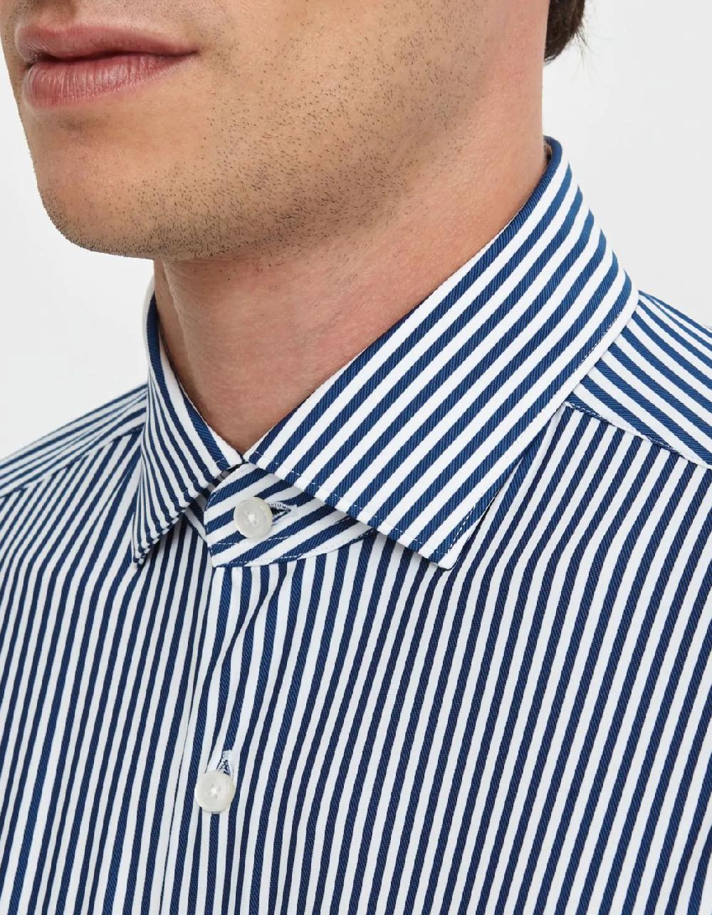 Xacus Camicia Collo francese piccolo Righe Twill Blu navy In Saldo